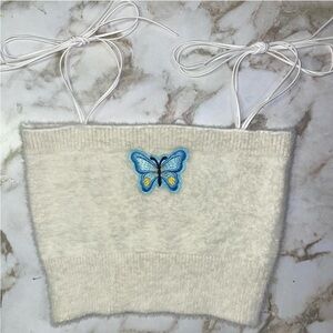 SHEIN Cream Fuzzy Tube Top with Blue Butterfly